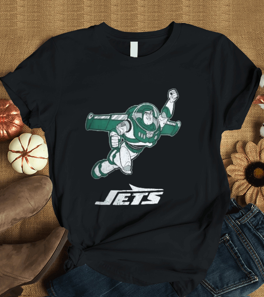 Buzz Lightyear Flying New York Jets Distressed Cartoon T-Shirt