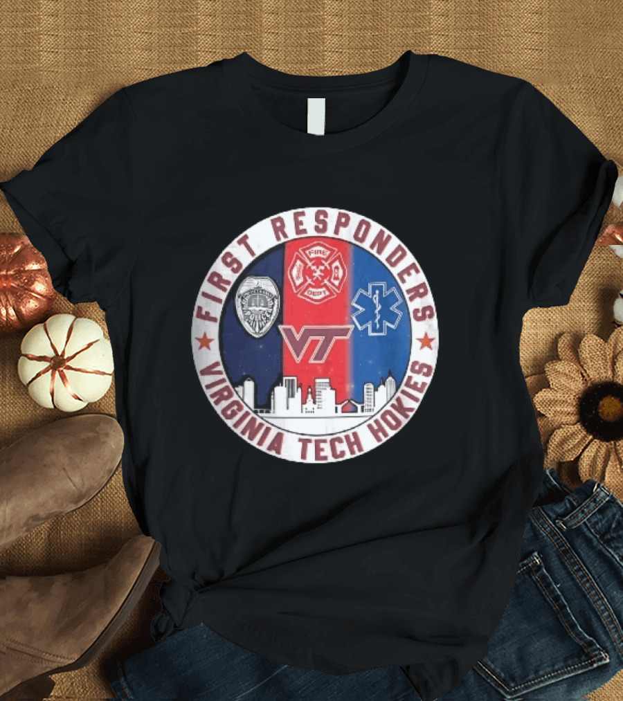 Virginia Tech Hokies First Responders Police Fire Dept EMS Star Skyline T-Shirt