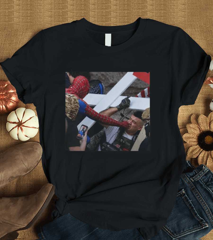 Spiderman Punching Man Holding Cross And Flag Image T-Shirt