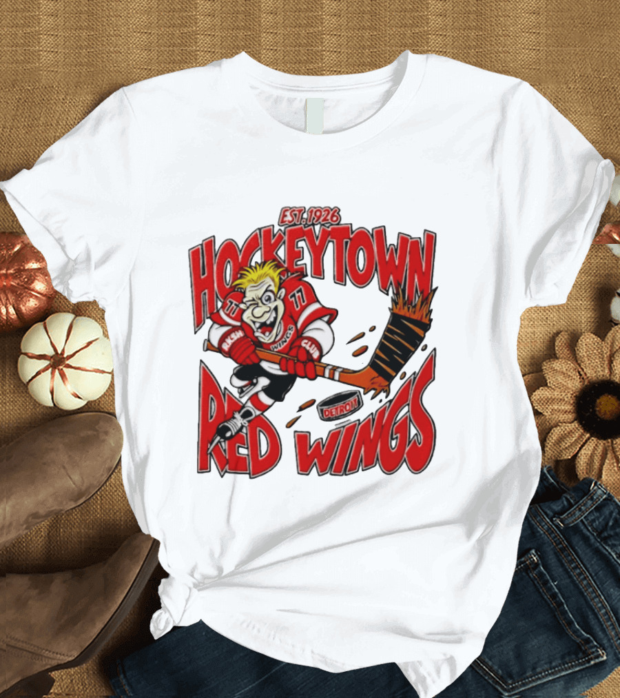 Detroit Red Wings Hockeytown Est. 1926 Vintage Cartoon Player With Flaming Hockey Stick T-Shirt