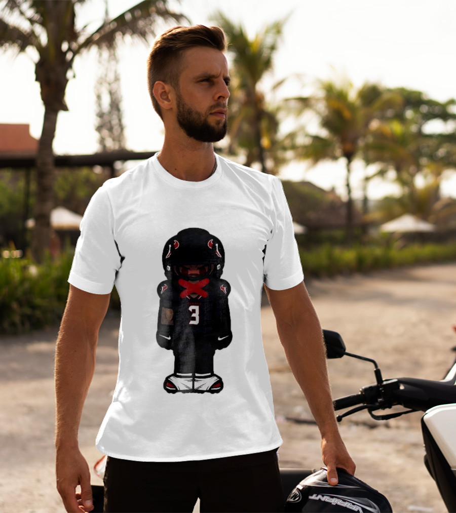Houston Texans Cartoon Caricature Player Jersey Number 3 Red X Mouth T-Shirt