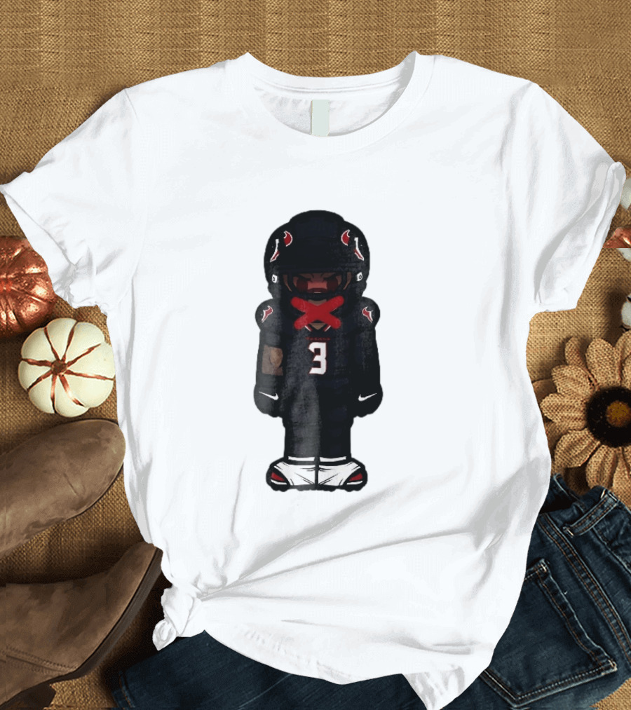 Houston Texans Cartoon Caricature Player Jersey Number 3 Red X Mouth T-Shirt