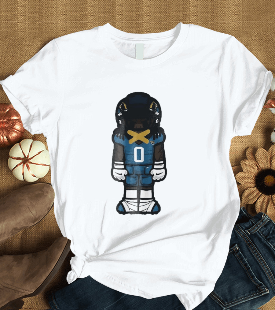 Jacksonville Jaguars Cartoon Caricature Player Jersey 0 Gold Tape Football Team Merchandise T-Shirt