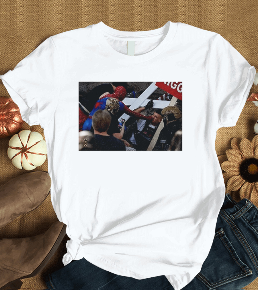 Unmasked Conflict Spider Man Vs Jake Lang Rally Minneapolis Protest T-Shirt