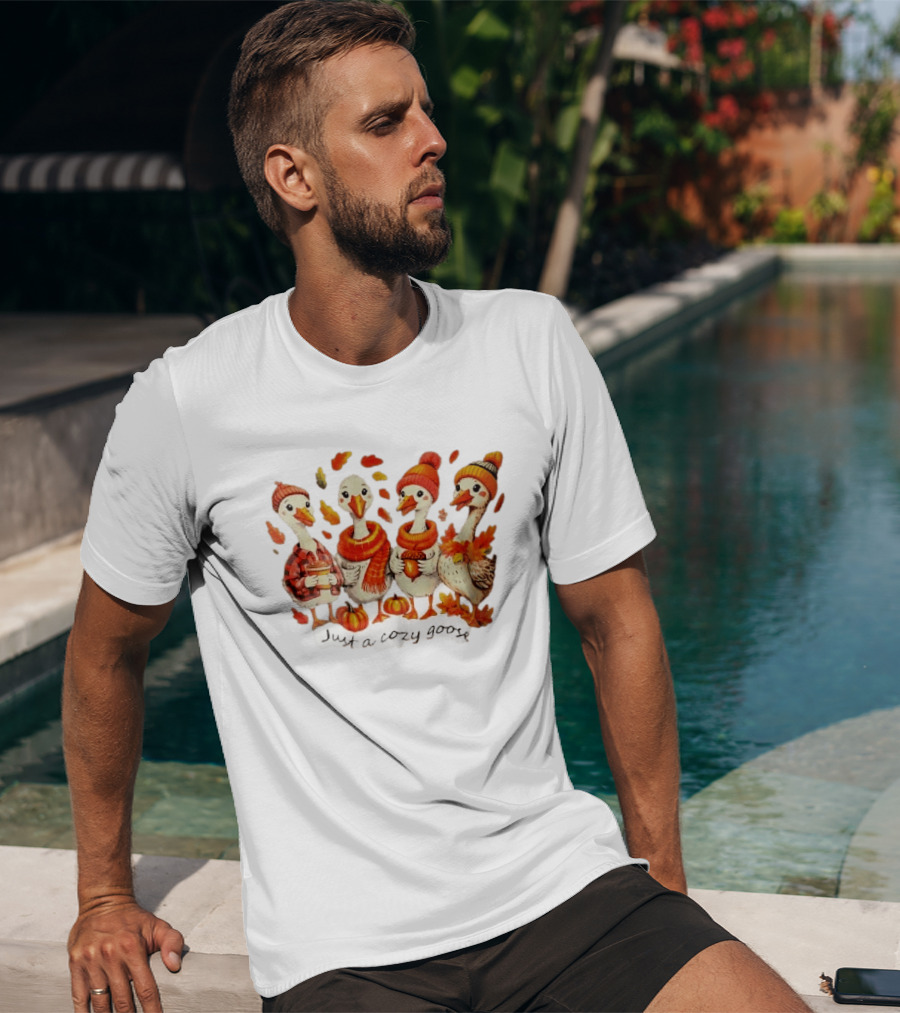 Cozy Goose Autumn Theme Four Cartoon Birds Leaves Pumpkins T-Shirt