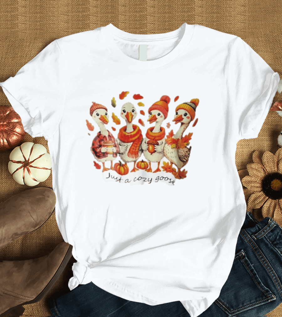 Cozy Goose Autumn Theme Four Cartoon Birds Leaves Pumpkins T-Shirt