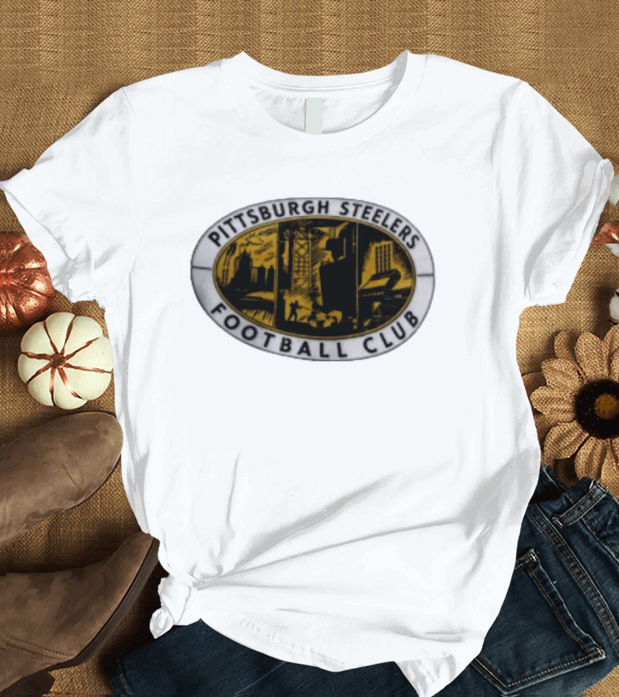 Pittsburgh Steelers Football Club Distressed Oval Emblem Cityscape T-Shirt
