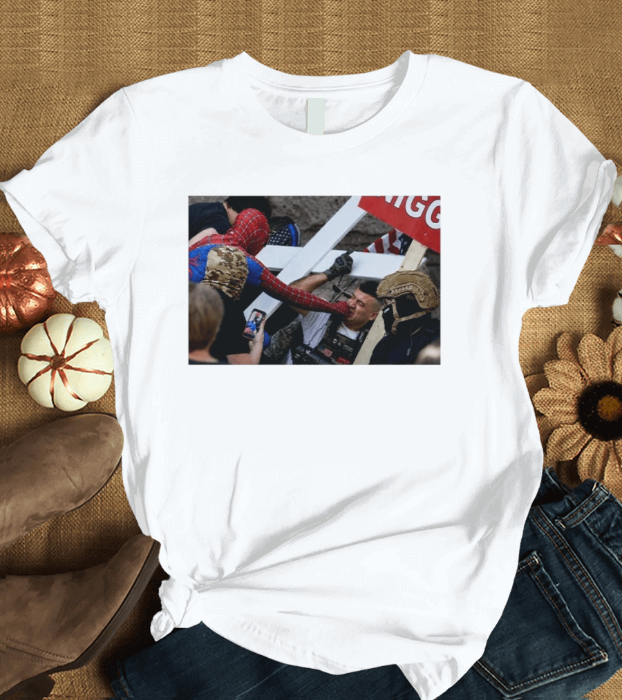 Spiderman Punch A Nazi Protest Scene With Cross And American Flag T-Shirt