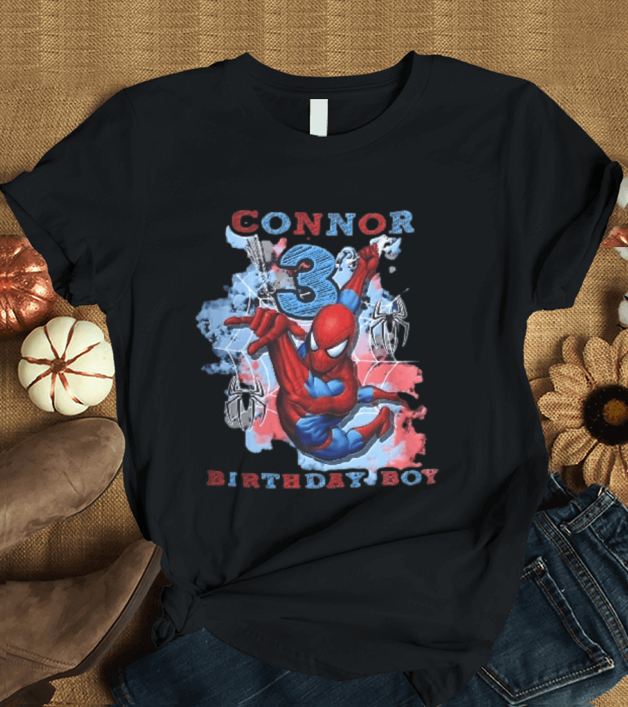 Connor 3 Birthday Boy Spider Man Web Slinging Cartoon T-Shirt