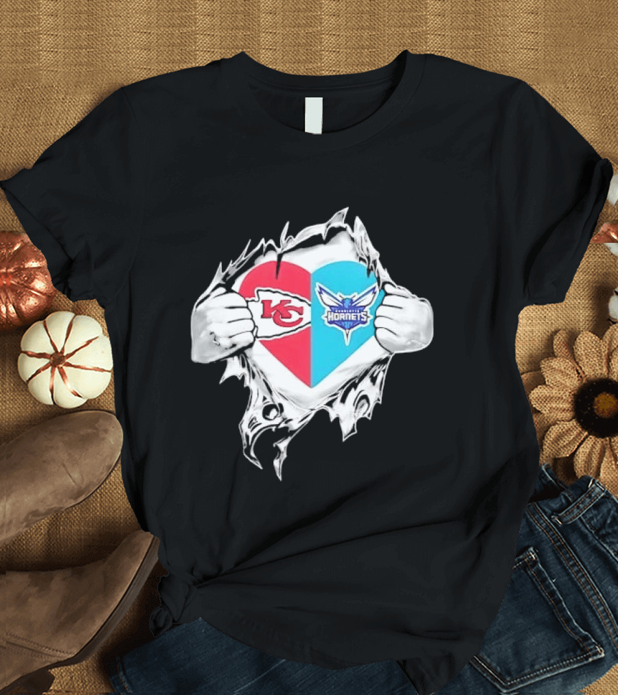 Kansas City Chiefs Charlotte Hornets Heart Hands Ripping Open T-Shirt