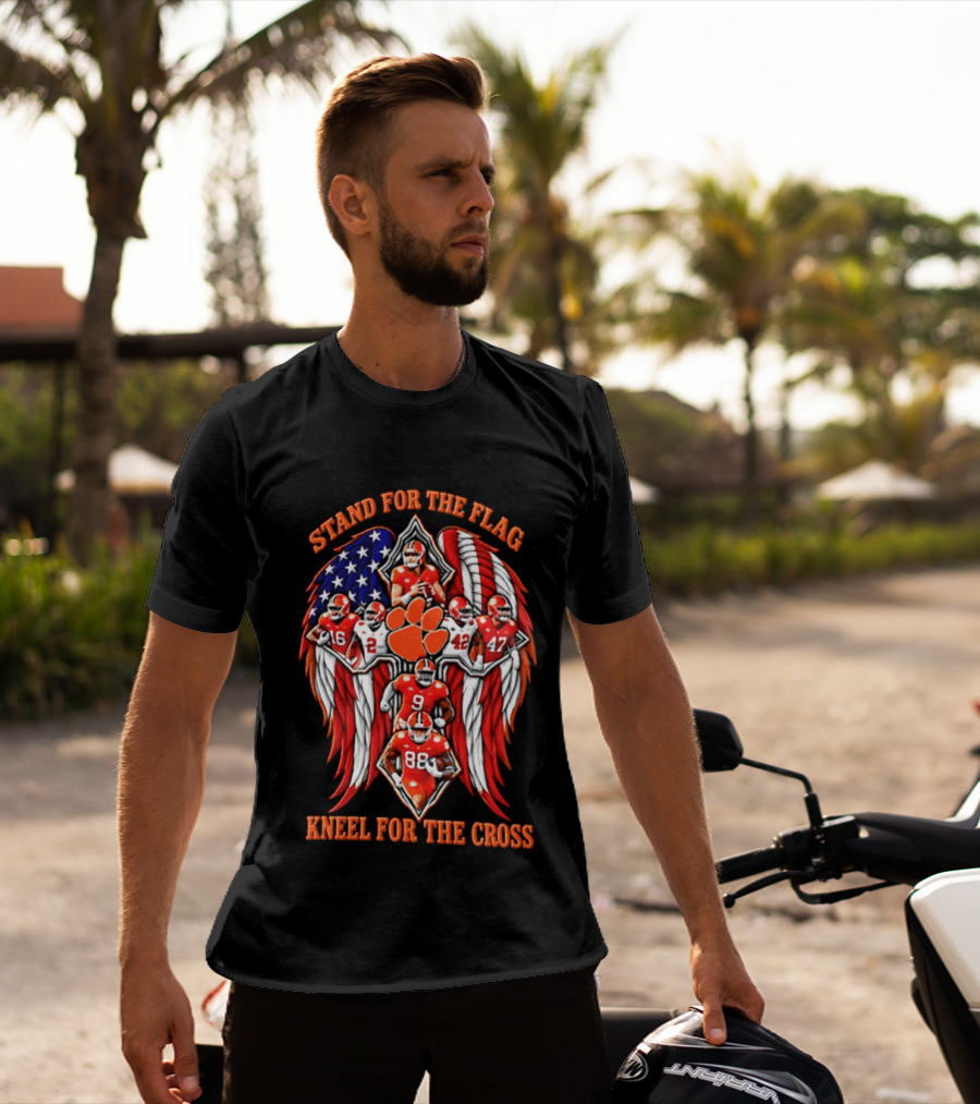 Clemson Tigers Stand For The Flag Kneel For The Cross 2026 American Flag Football Paw T-Shirt