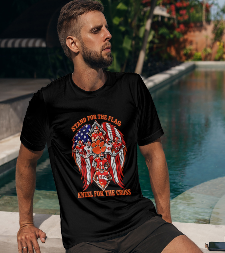 Clemson Tigers Stand For The Flag Kneel For The Cross 2026 American Flag Football Paw T-Shirt