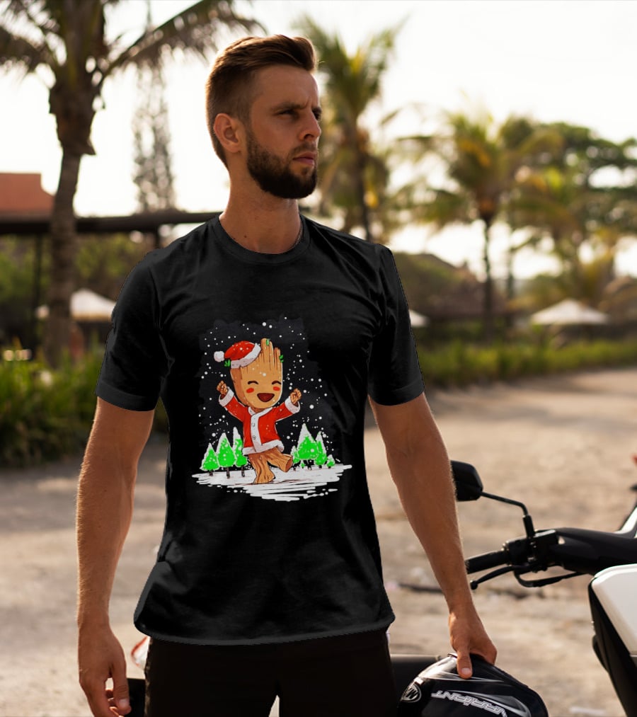 Dancing Santa Groot Christmas Trees Snow Scene T-Shirt