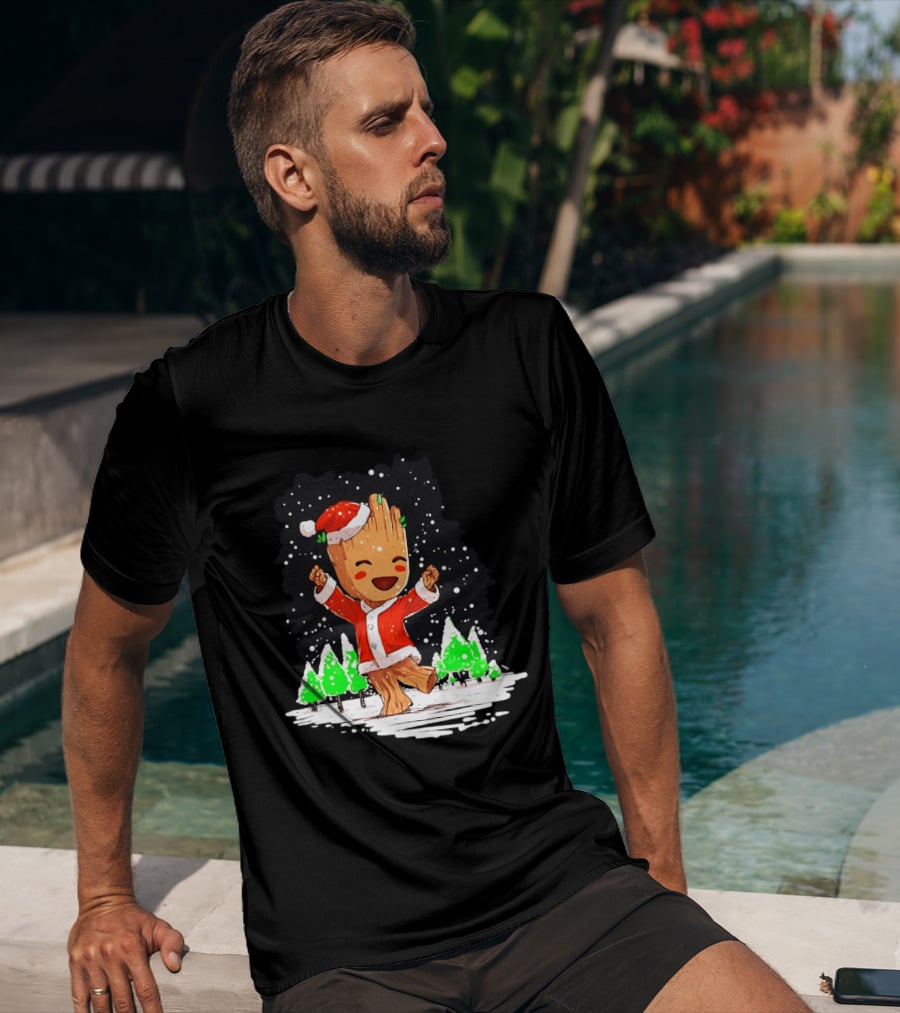 Dancing Santa Groot Christmas Trees Snow Scene T-Shirt