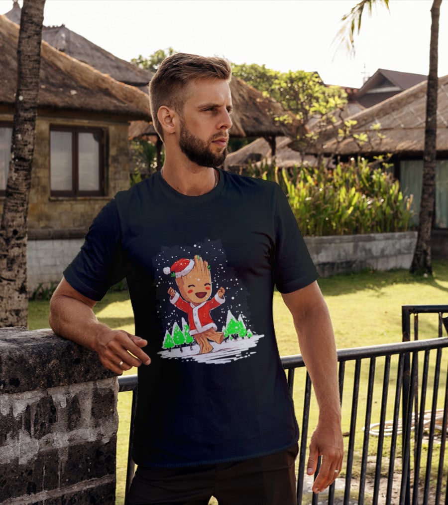 Dancing Santa Groot Christmas Trees Snow Scene T-Shirt