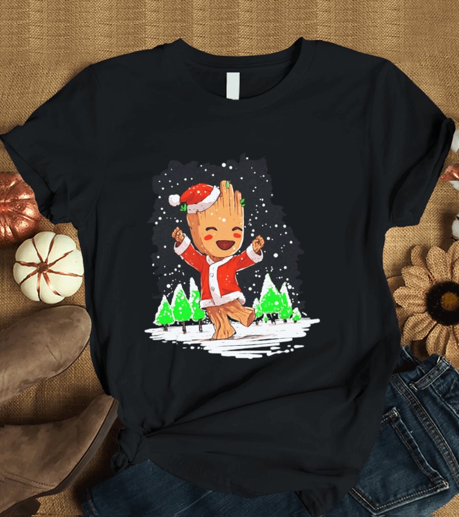 Dancing Santa Groot Christmas Trees Snow Scene T-Shirt