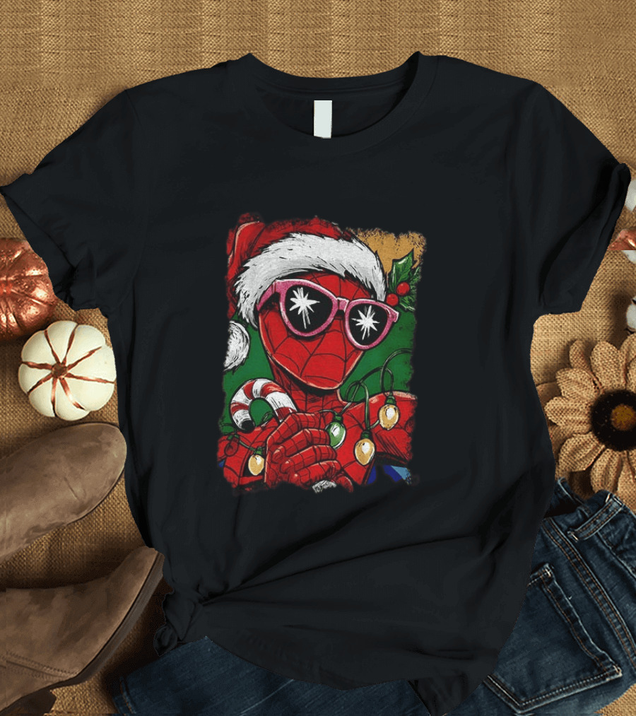 Marvel Spider Man Christmas Santa Candy Cane Festive Lights T-Shirt