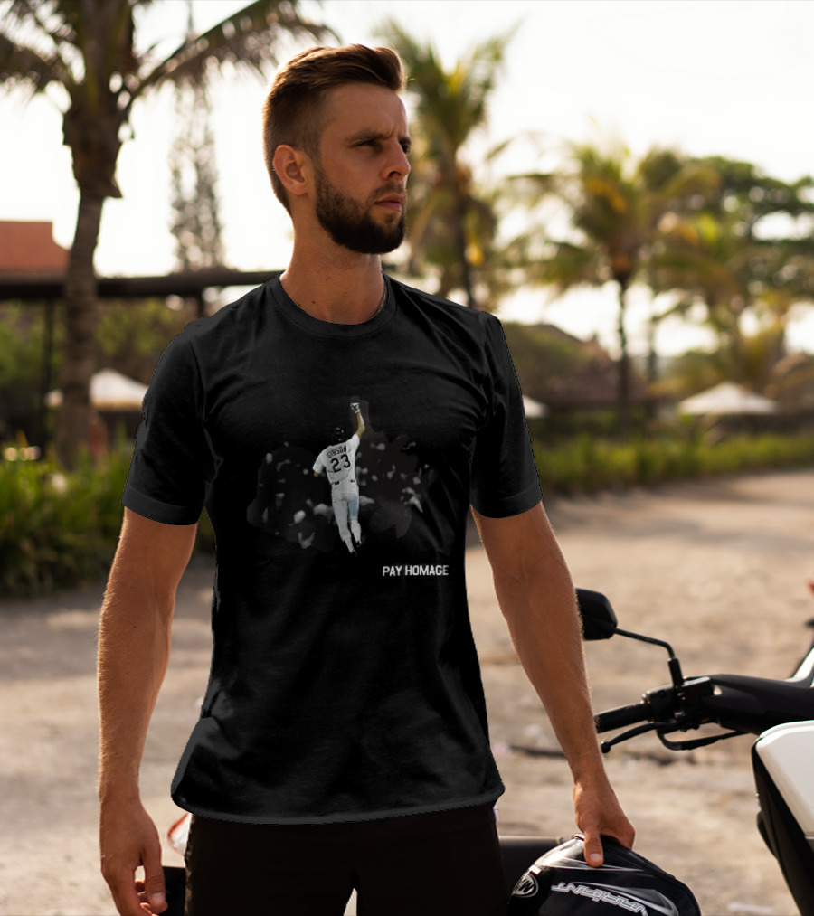 Pay Homage Gibson 23 Baseball Player Fist Pump Back View T-Shirt