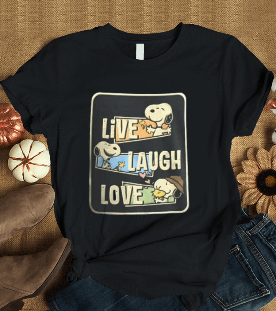 Live Laugh Love Peanuts Snoopy Woodstock Hugging Panels T-Shirt