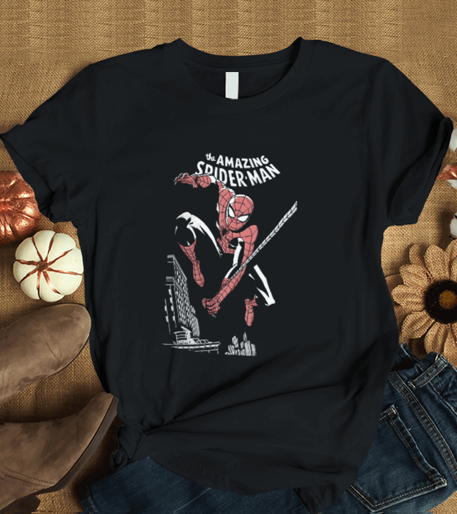 The Amazing Spider Man Swinging Above City Skyline T-Shirt