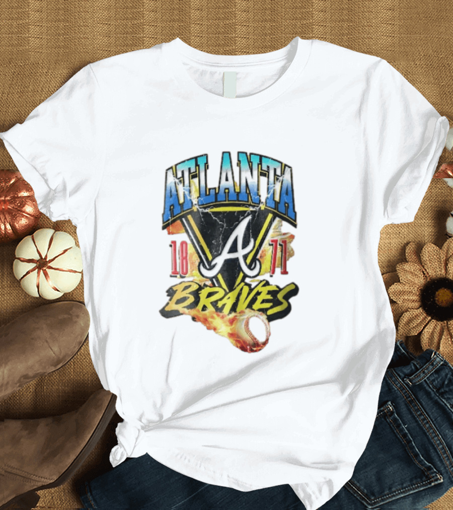 Atlanta Braves 1871 Vintage Flaming Baseball Lightning Triangle T-Shirt