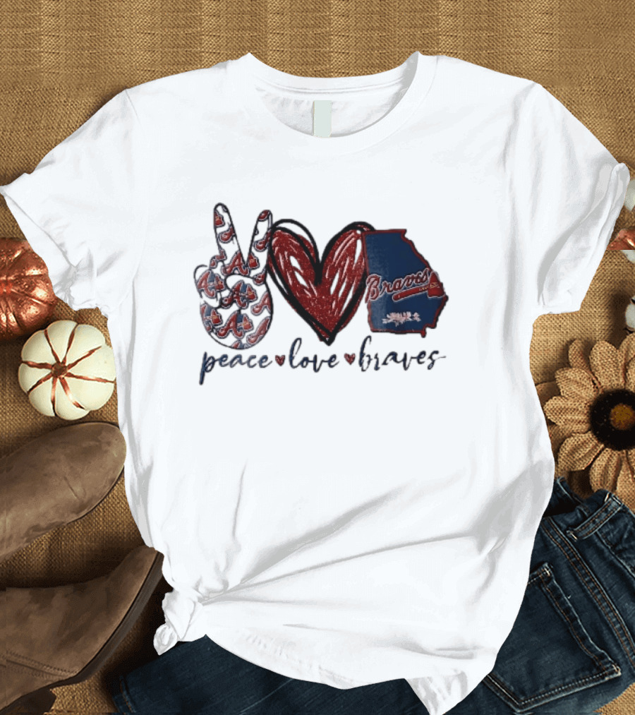 Peace Love Braves Hand Red Glitter Heart Georgia Map T-Shirt