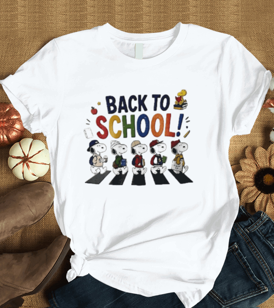 Back To School Snoopy Characters Walking Abbey Road With Woodstock Books T-Shirt