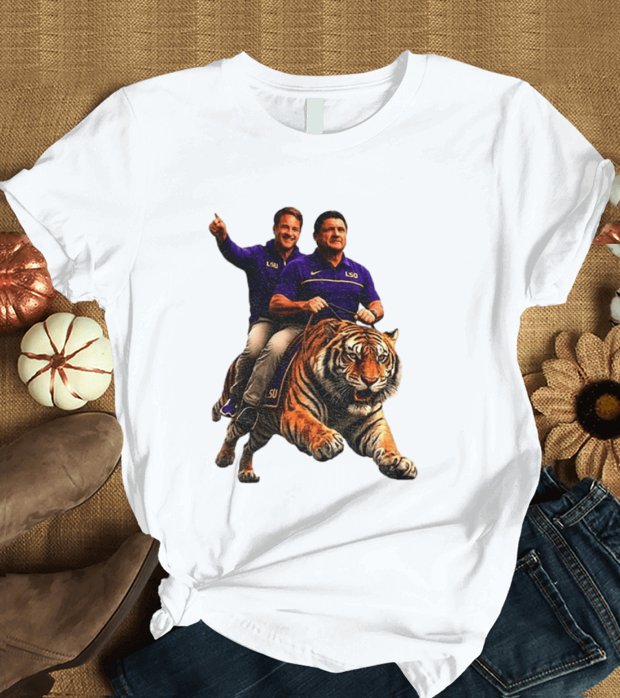 Bayou Brothers Tiger Riding LSU Coach Ed Orgeron Vs Kim Mulkey T-Shirt