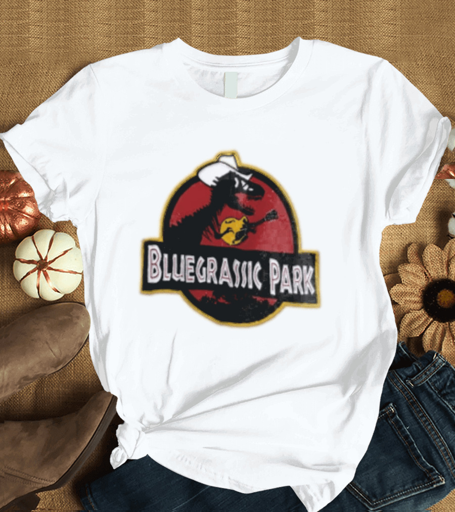 Bluegrassic Park Dinosaur Playing Mandolin Cowboy Hat Jurassic T-Shirt