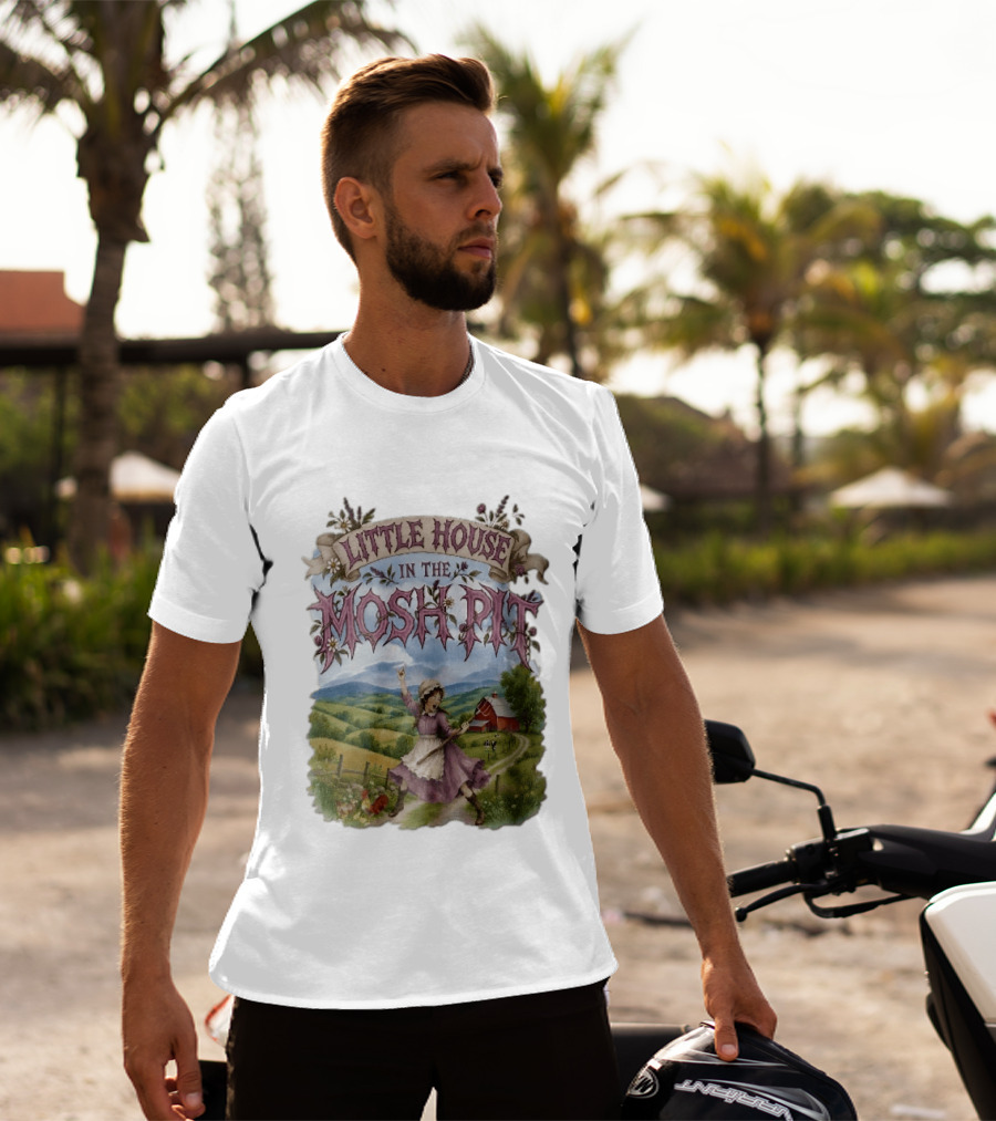 Little House In The Mosh Pit Pioneer Girl Screaming Pitchfork Red Barn Farm Country Scene T-Shirt