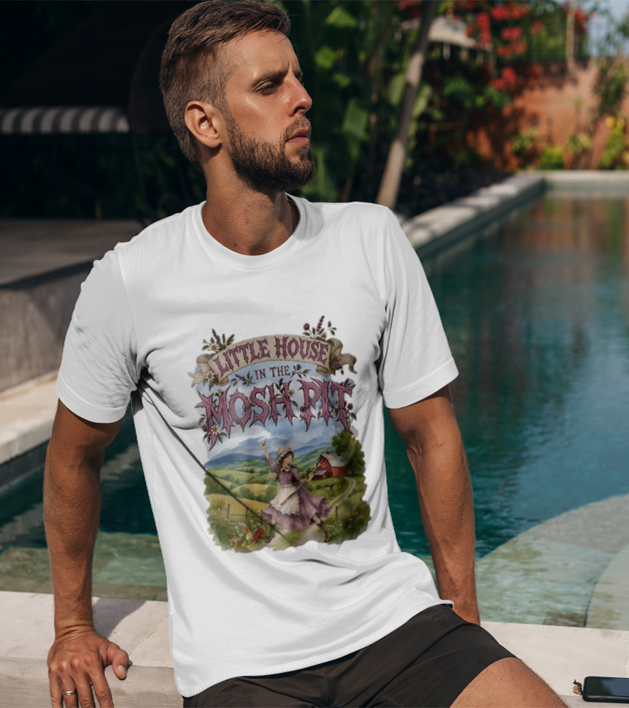Little House In The Mosh Pit Pioneer Girl Screaming Pitchfork Red Barn Farm Country Scene T-Shirt