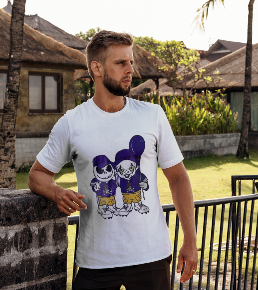 East Carolina Pirates NCAA Jack Skellington Pennywise Clown Purple Balloon T-Shirt