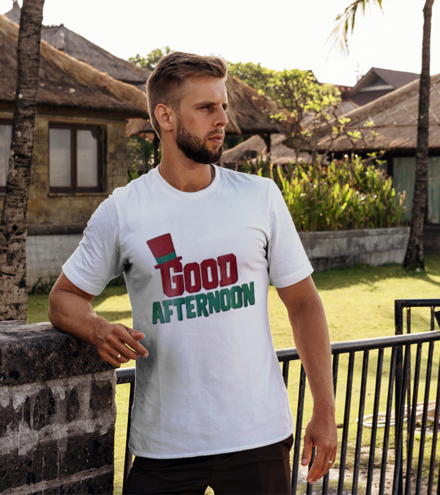 Good Afternoon Red Top Hat Green Letters T-Shirt