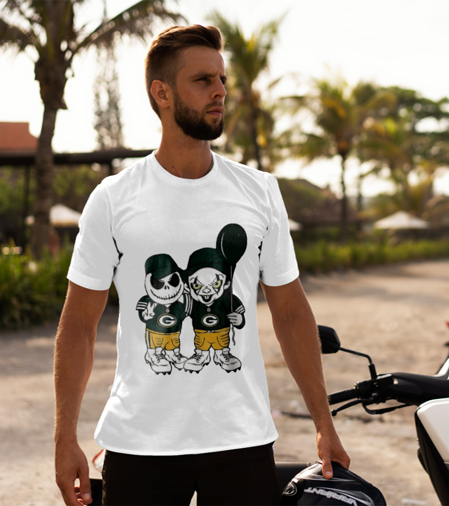 Green Bay Packers Jack Skellington Clown Balloon Cartoon Caricature Duo T-Shirt