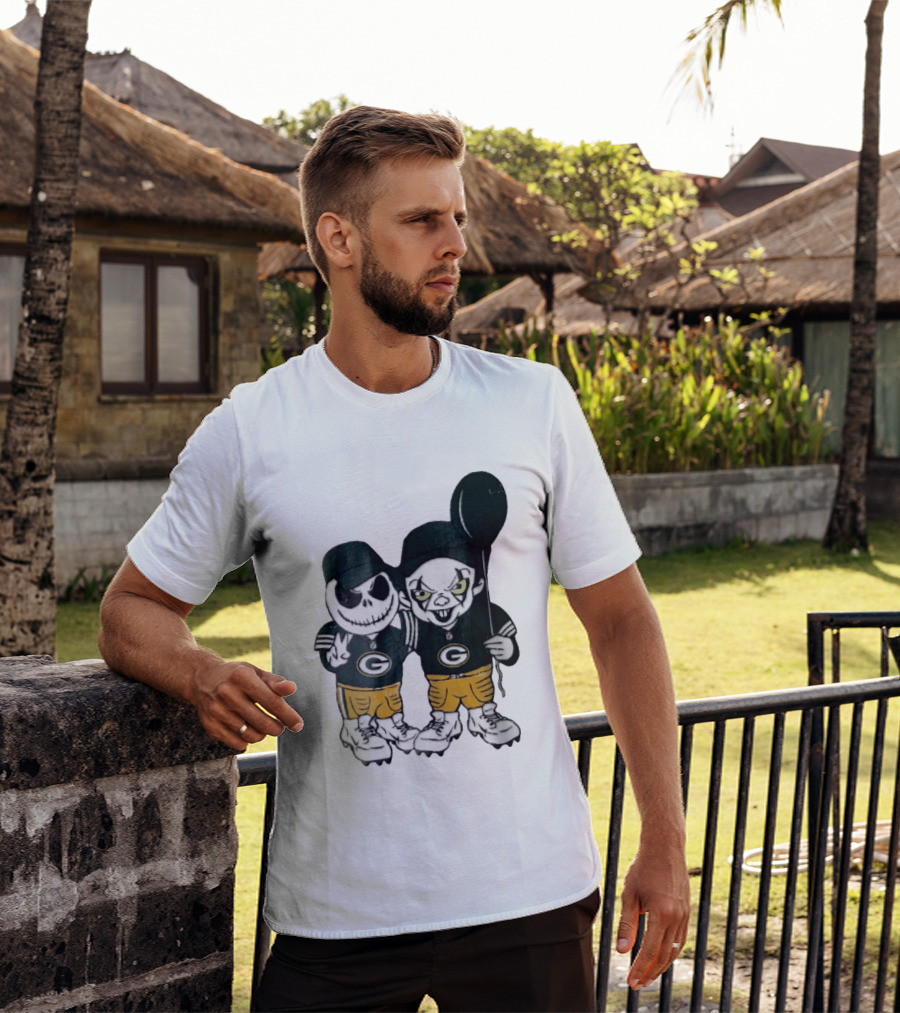 Green Bay Packers Jack Skellington Clown Balloon Cartoon Caricature Duo T-Shirt