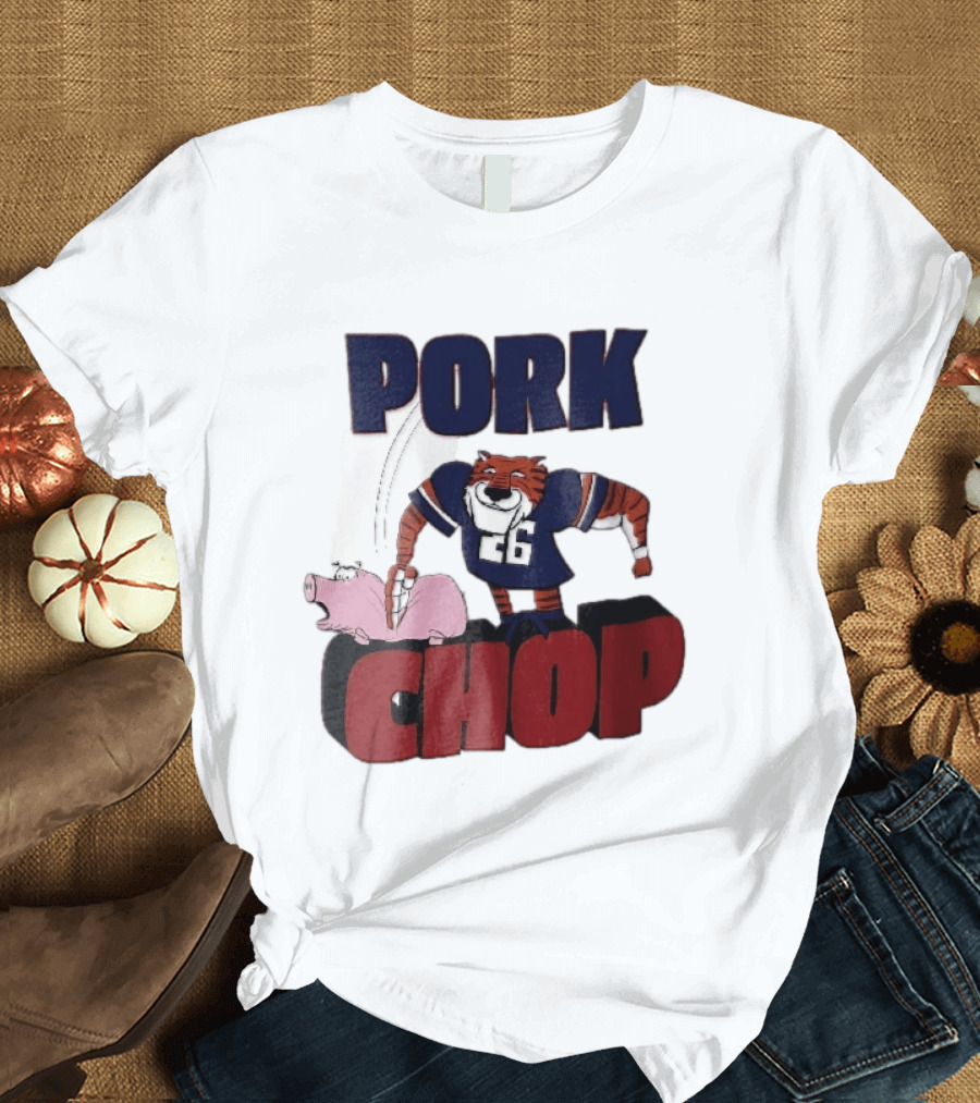 Pork Chop Cartoon Tiger 26 Football Player Hitting Pig T-Shirt