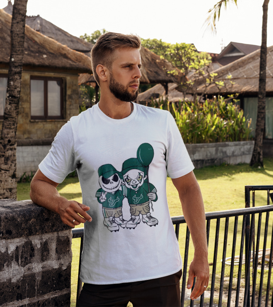 South Florida Bulls Skeleton And Evil Clown With Balloon NCAA Cartoon T-Shirt