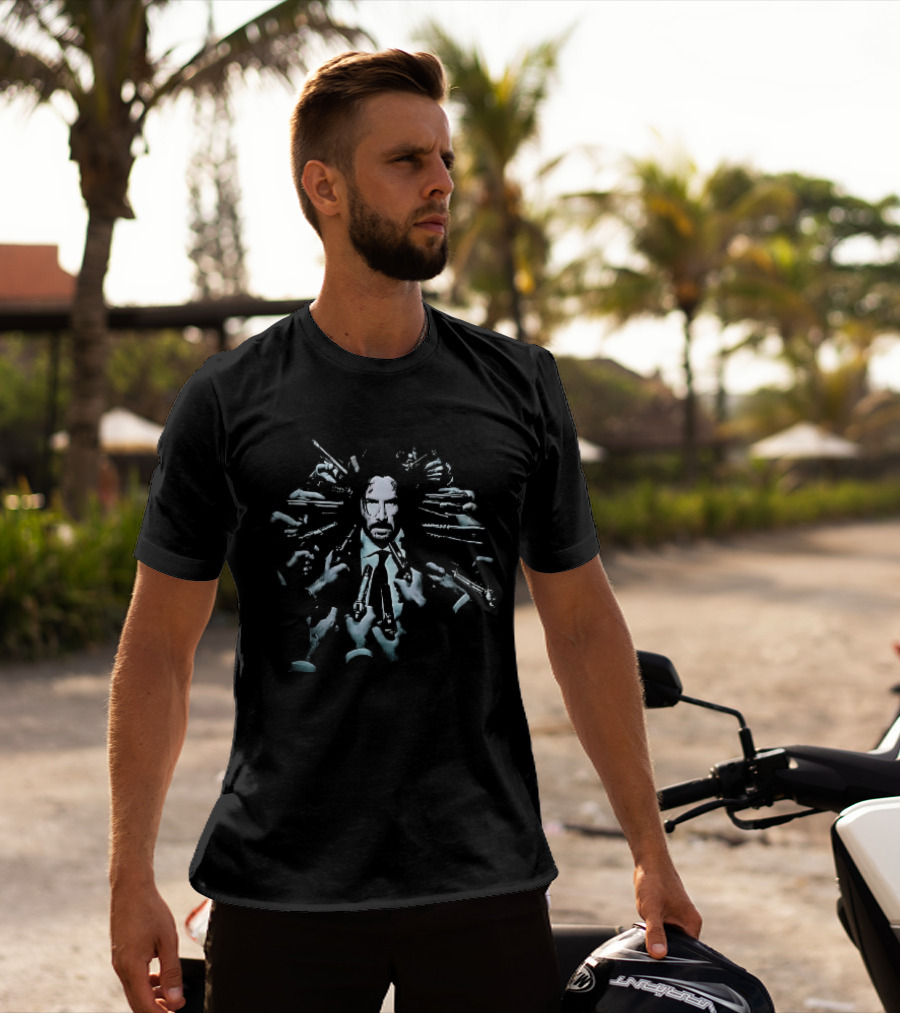John Wick Surrounded By Guns Pointed At His Head Iconic Movie Scene T-Shirt