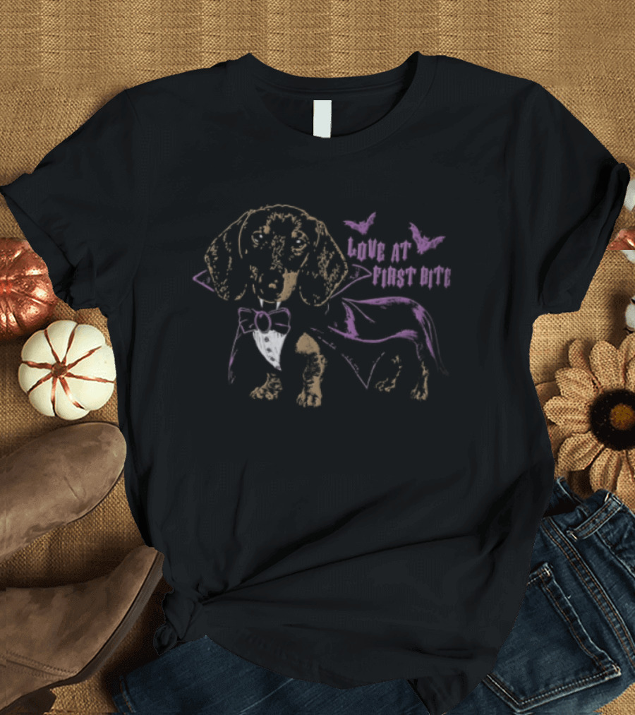 Love At First Bite Dachshund With Butterflies And Bowtie T-Shirt