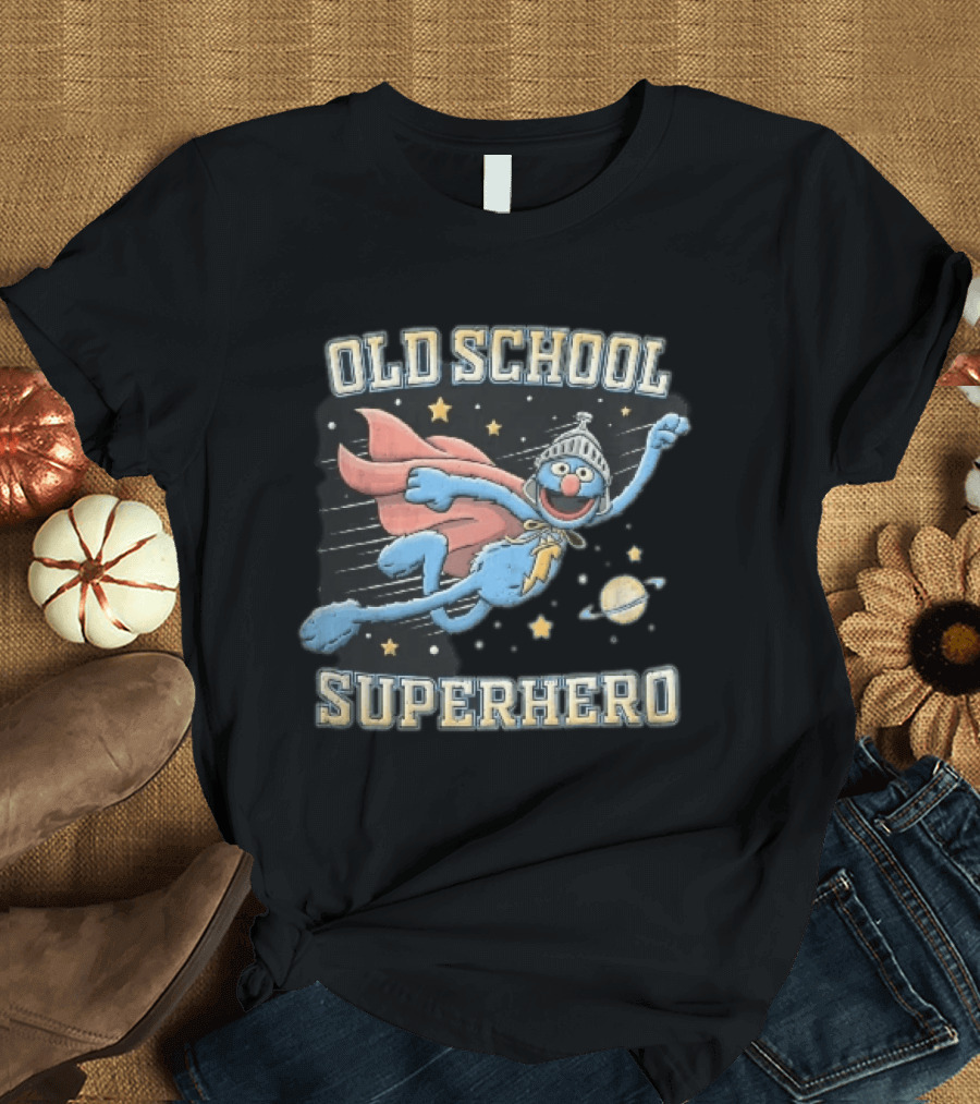 Old School Superhero Distressed Cartoon Super Grover Flying Outer Space Stars Planet T-Shirt