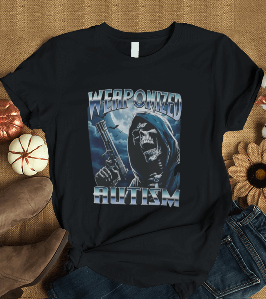 Weaponized Autism Skeleton With Gun Under Moonlight T-Shirt