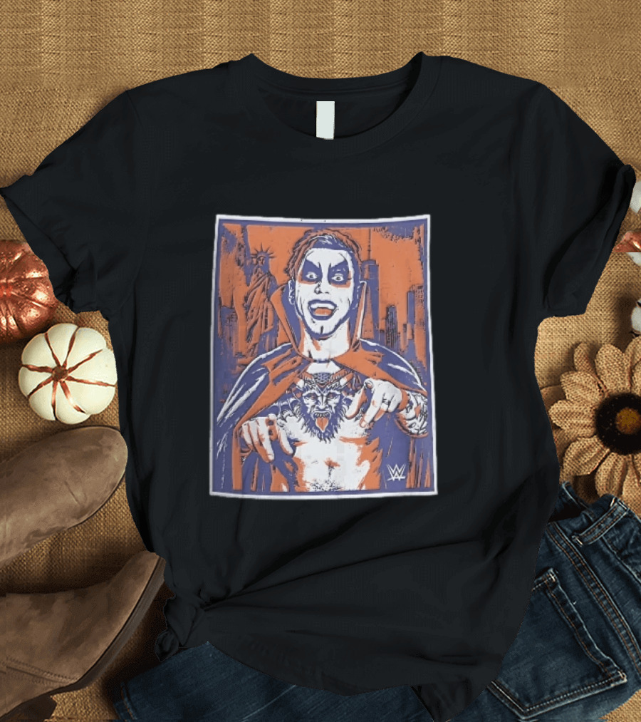 WWE Facepaint Wrestler At Liberty Statue Skyline With Demon Tattoo T-Shirt