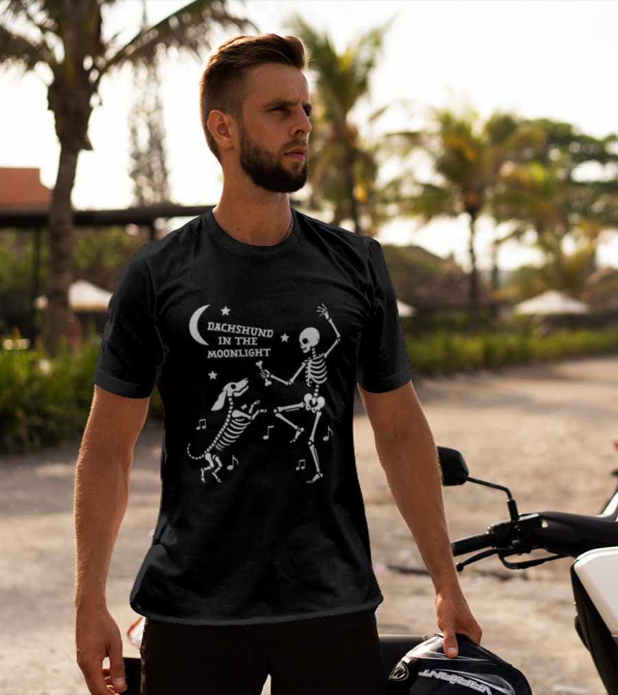 Dachshund In The Moonlight Skeleton Dancing With Dog Music Notes T-Shirt