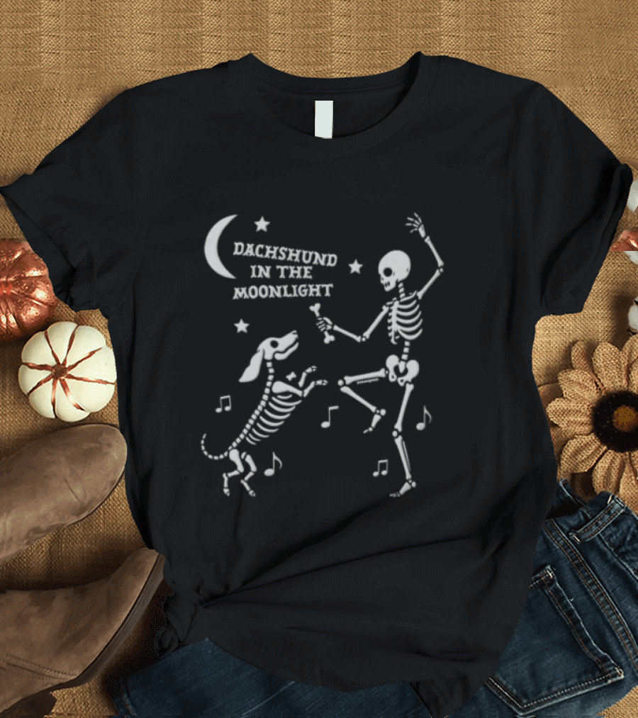 Dachshund In The Moonlight Skeleton Dancing With Dog Music Notes T-Shirt