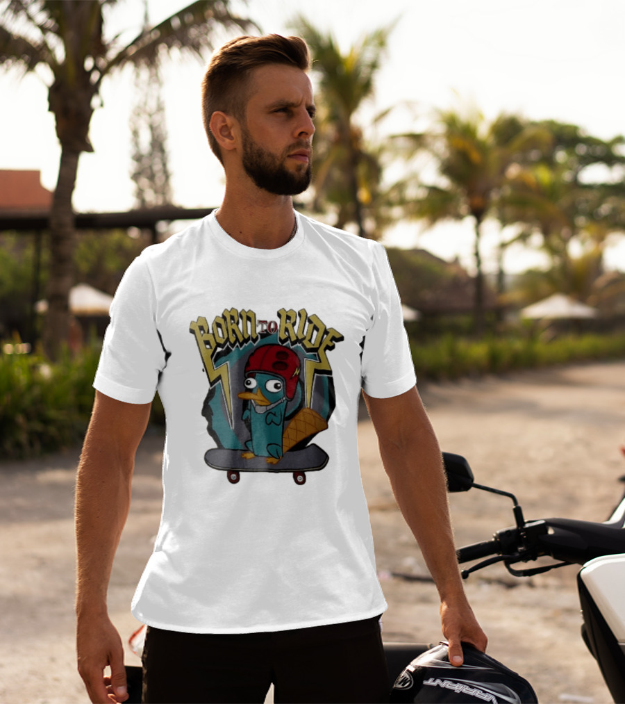 Born To Ride Cartoon Platypus Red Helmet Skateboard T-Shirt