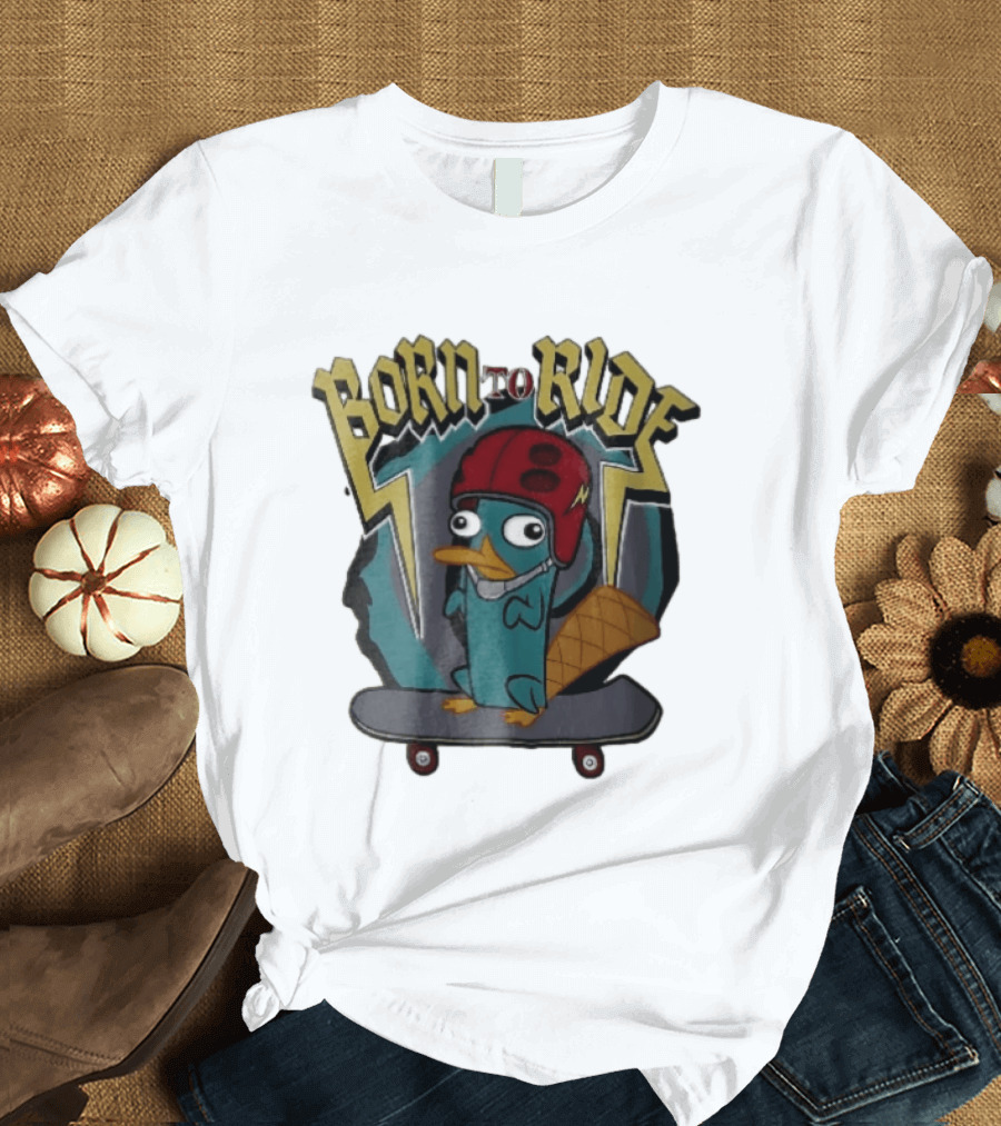 Born To Ride Cartoon Platypus Red Helmet Skateboard T-Shirt