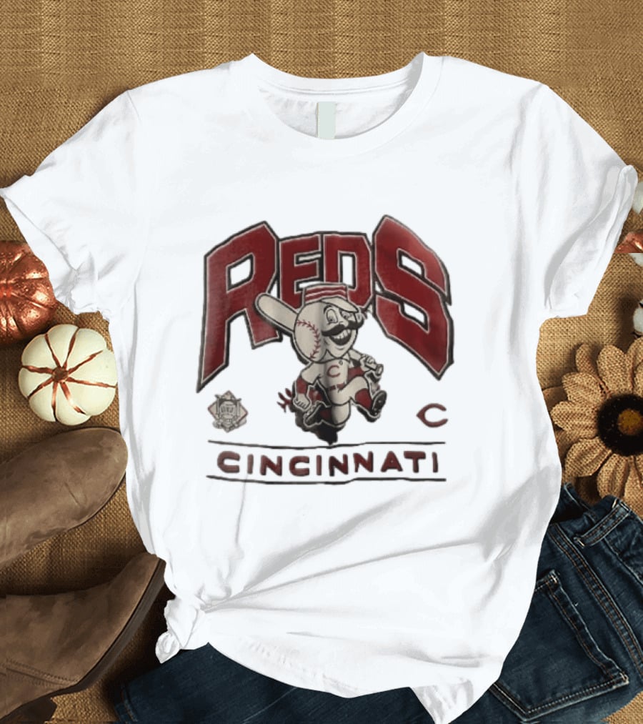 Cincinnati Reds Cartoon Running Bat Mascot Vintage MLB Fan Gear T-Shirt