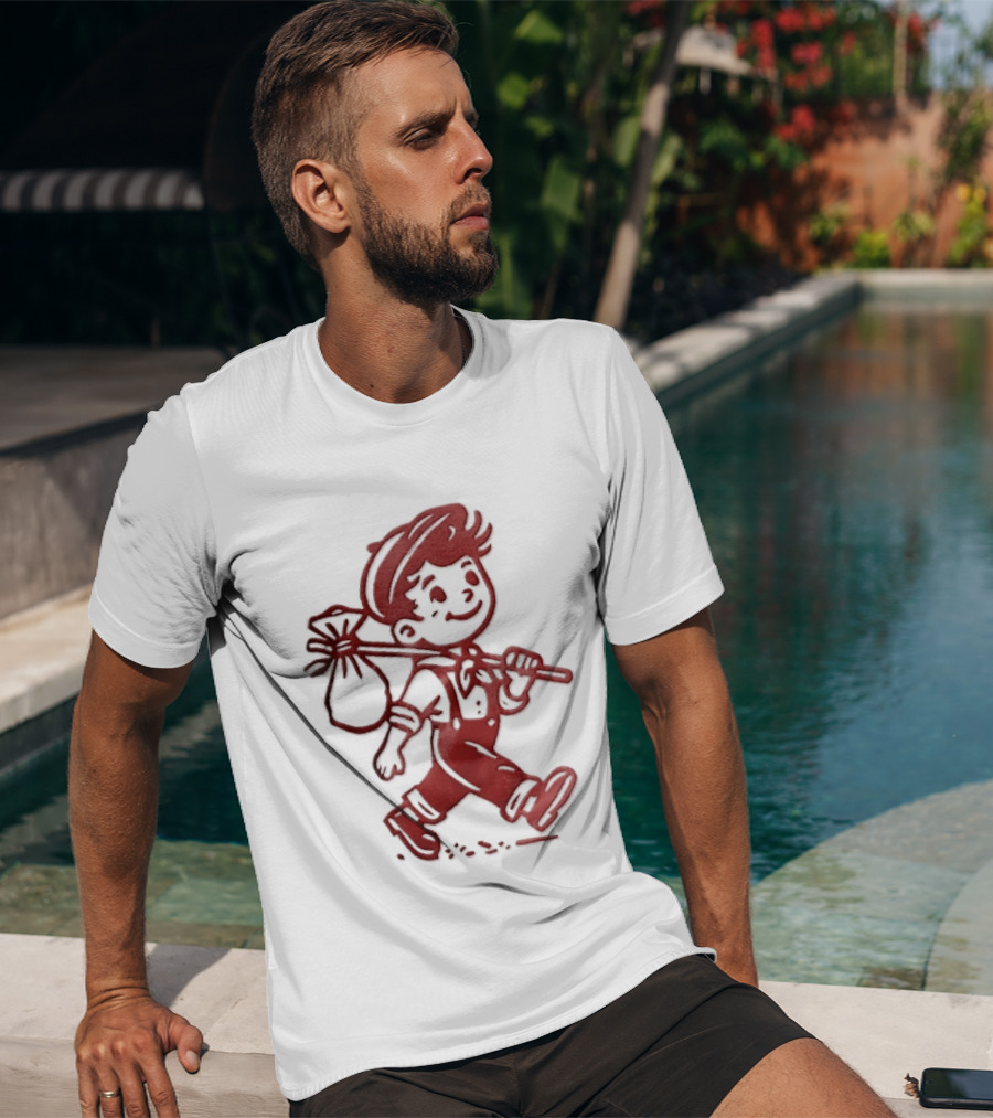 Red Line Cartoon Boy With Bindle Knapsack Stick Drawing T-Shirt