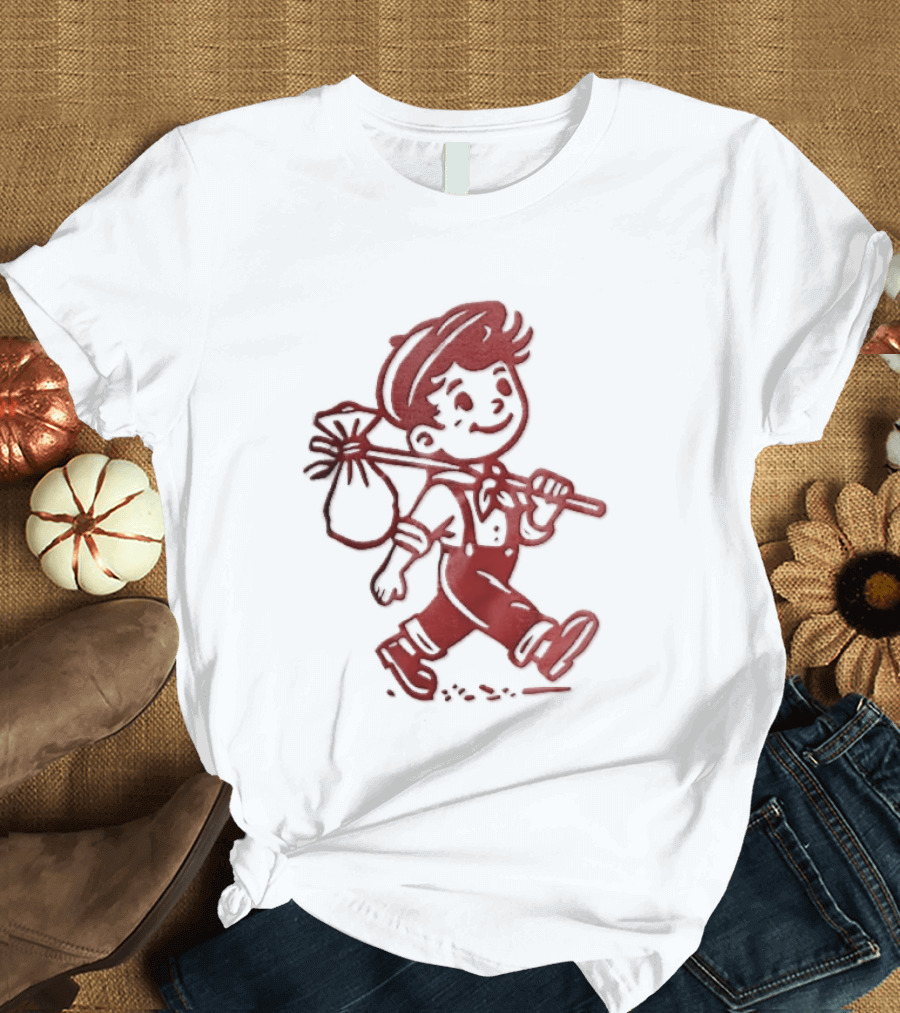 Red Line Cartoon Boy With Bindle Knapsack Stick Drawing T-Shirt
