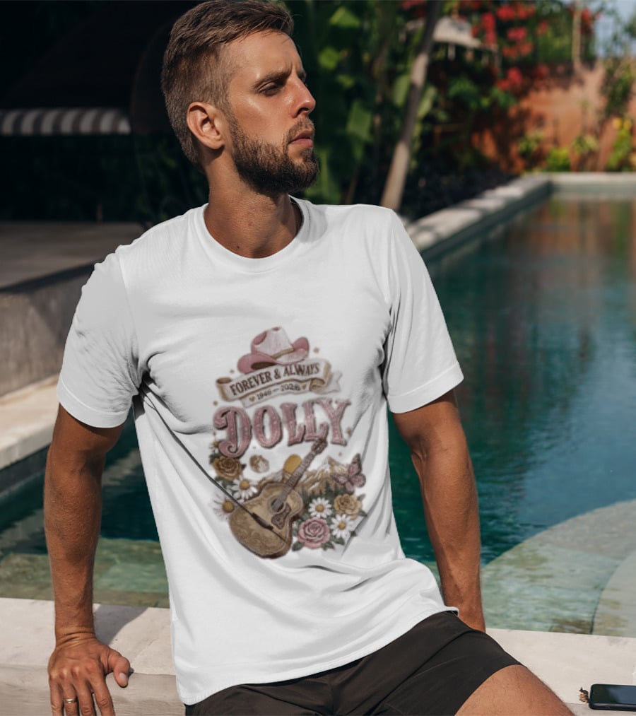 Forever & Always Dolly 1946 2026 Cowboy Hat Guitar Flowers Butterfly T-Shirt